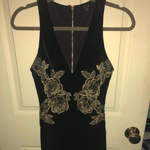 black velvet dress, gold detail